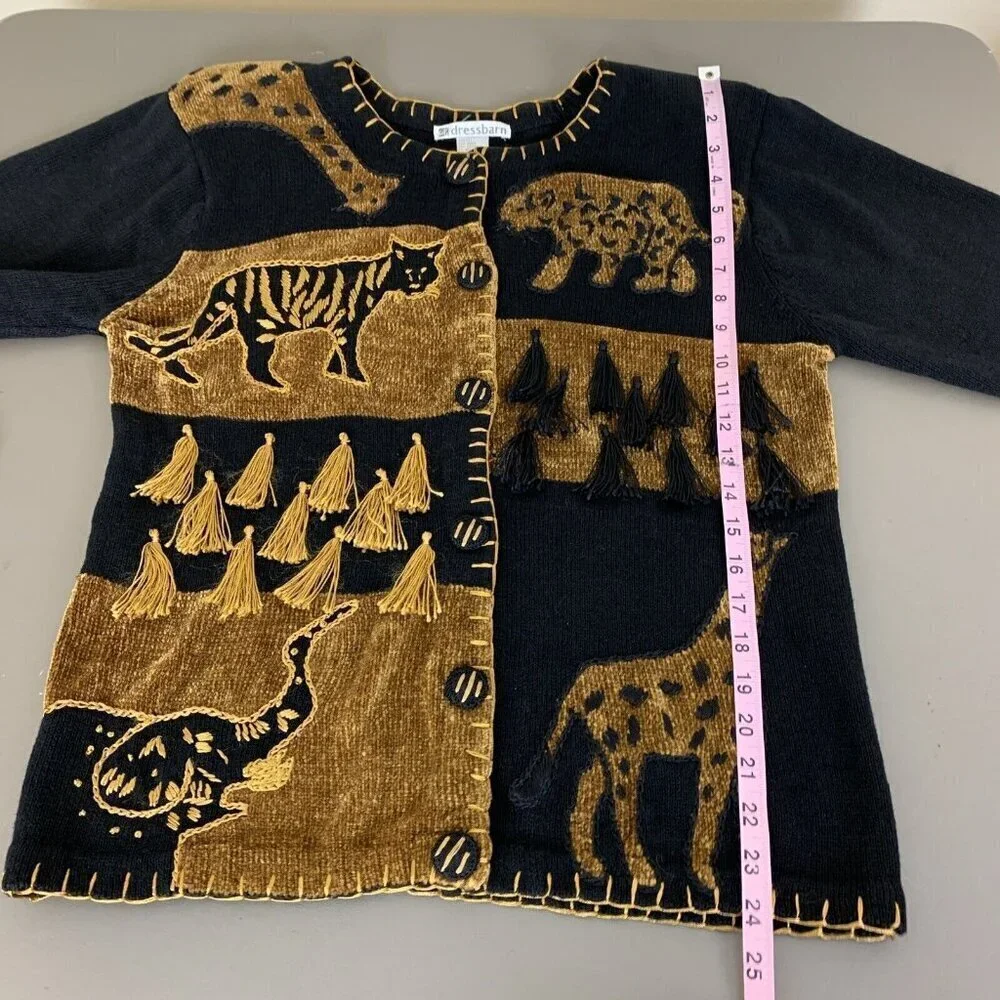 Dressbarn Womens Vintage Cardigan Sweater M Safari Jungle Animal Tassel 90s 80s